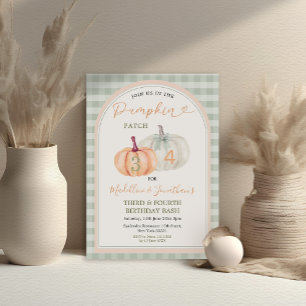 Invitación Parche de la Calabaza Hermano y Hermana Gingham Cu