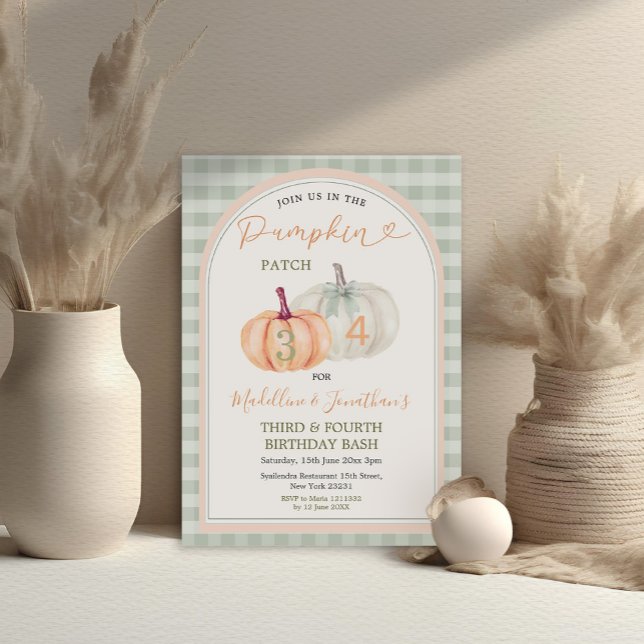 Invitación Parche de la Calabaza Hermano y Hermana Gingham Cu (Subido por el creador)