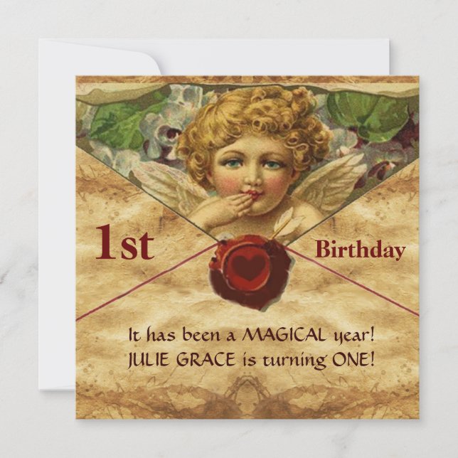 Invitación PARCHE DE SELLO ANGEL HEART WAX Primer cumpleaños (Anverso)