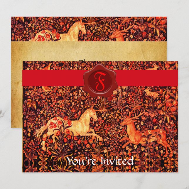 INVITACIÓN PARCHE DE SELLO DE CERO ROJO MONOGRAM UNICORN Y DE (Anverso / Reverso)