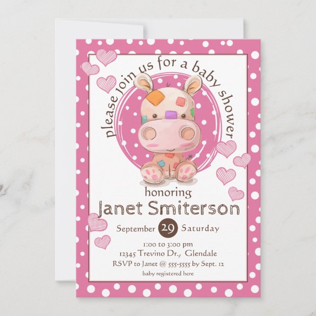 Invitación Parche Hippo Baby Shower, rosa (Anverso)