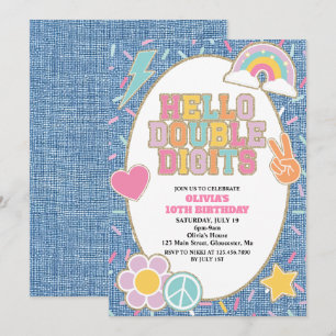 Invitación Parche Mezclilla Hello Doble Dígitos 10 cumpleaños