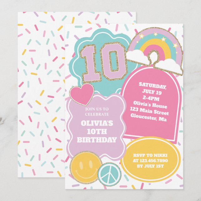 Invitación Parche Preppy 10 cumpleaños (Anverso / Reverso)