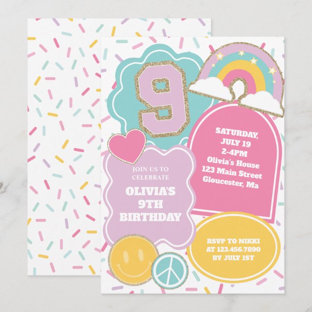 Invitación Parche Preppy 9 cumpleaños (Anverso / Reverso)