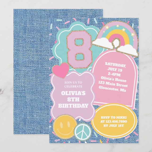 Invitación Parche preppy de mezclilla 8º cumpleaños (Anverso / Reverso)