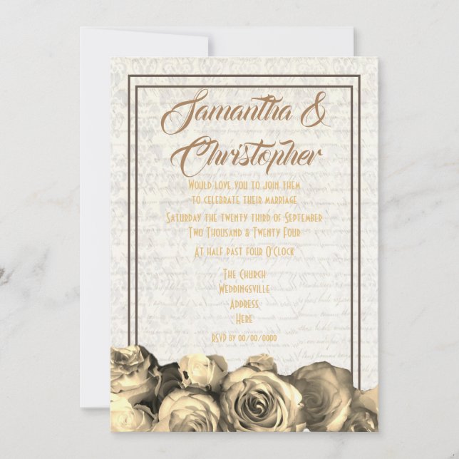 Invitación Parche Sepia boda floral tradicional (Anverso)