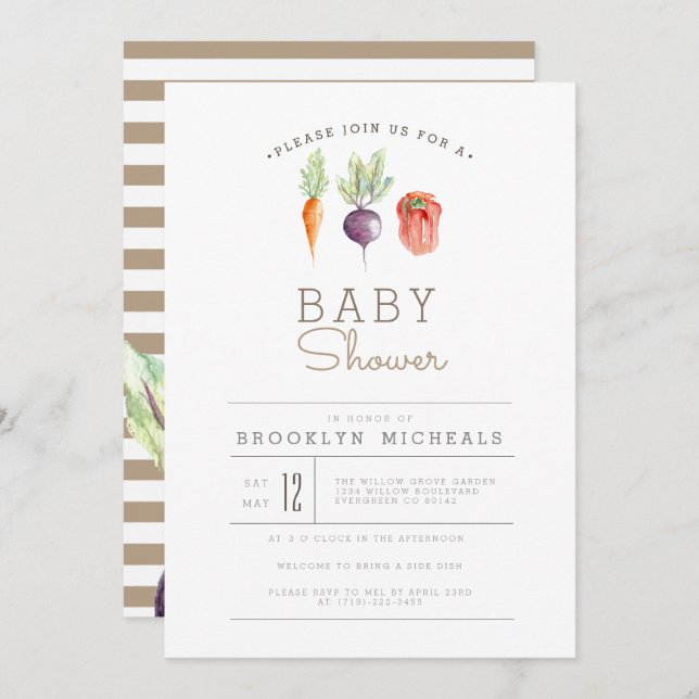 Invitación Parche Veggie | Baby Shower acuarela (Anverso / Reverso)