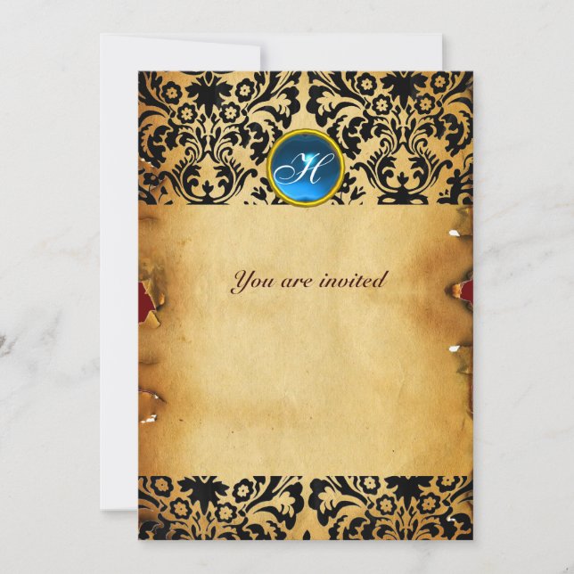 Invitación PARCHEMIN azul monograma DAMASK GEM STONE (Anverso)