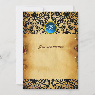 Invitación PARCHEMIN azul monograma DAMASK GEM STONE