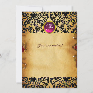 INVITACIÓN PARCHEMIN PÚRPURA ROSA MONOGRAMA PIEDRA GEMA DAMAS