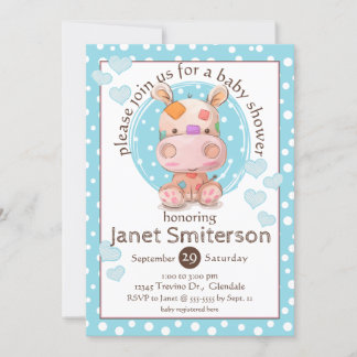 Invitación Parchwork Hippo Baby Shower, azul