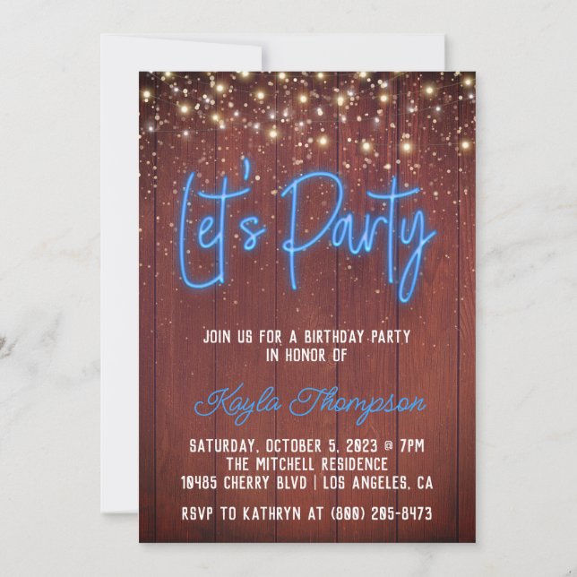 Invitación Pared de madera de neón vamos a celebrar la invita (Reverso)