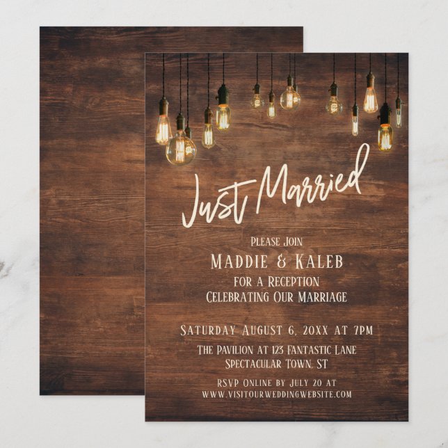 Invitación Pared de madera marrón con luces de Edison, recién (Anverso / Reverso)