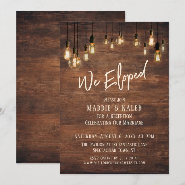 Invitación Pared de madera marrón con luces Edison, Nos escap (Anverso / Reverso)