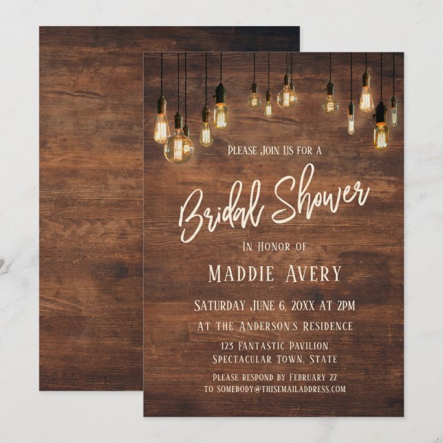 Invitación Pared de madera marrón con luz de Edison Ducha de  (Anverso / Reverso)