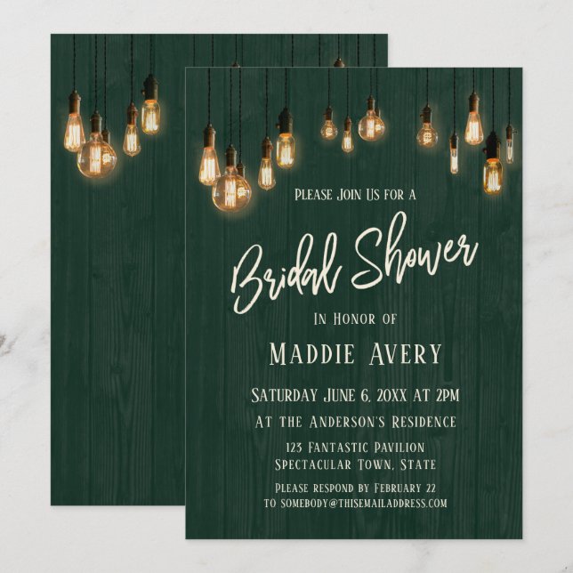 Invitación Pared de madera verde con luz Edison Ducha de novi (Anverso / Reverso)
