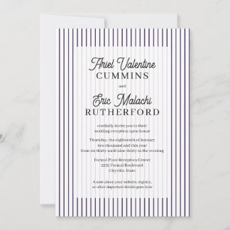 Invitación Pareja anfitriona a rayas moradas rústicas campest