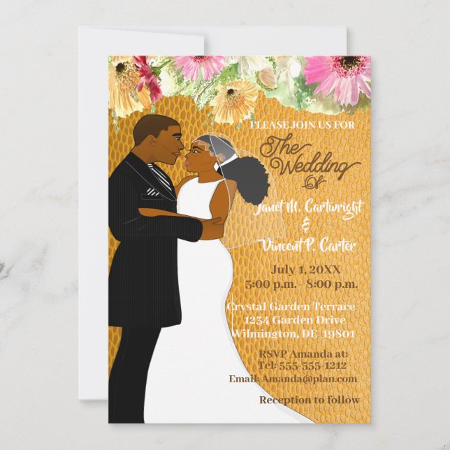 Invitación Pareja Boda afroamericana con flor dorada (Anverso)