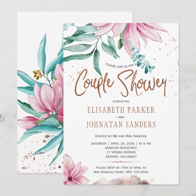 Invitación pareja boda purpurina de cobre duchan parejas rosa (Anverso / Reverso)