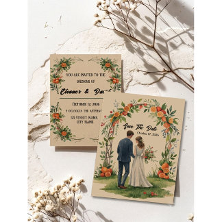 Invitación Pareja de Acuarela del Caprichoso Naranjal de Cítr