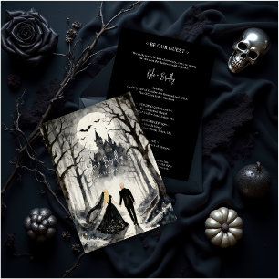 Invitación Pareja de Boda en el Oscuro Bosque Gótico Castillo