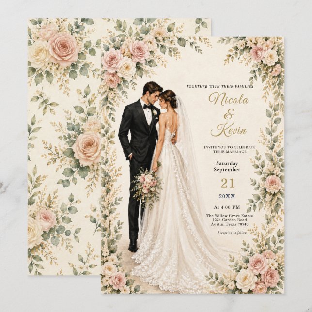 Invitación Pareja de Boda Floral de Otoño (Anverso / Reverso)