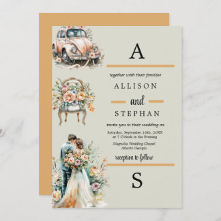 Invitación Pareja de Boda  floral romántico pastel vintage