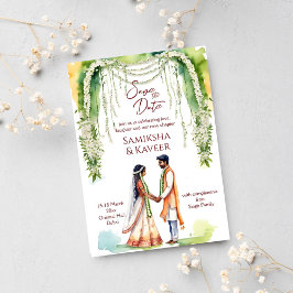 Invitación pareja de boda india que guarda la fecha bajo jazm