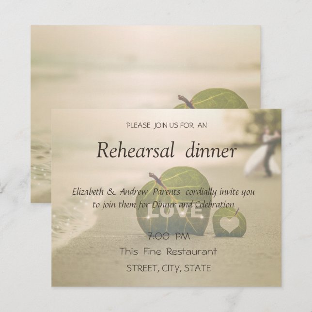 Invitación Pareja de bodas de playa, cena de ensayo de amor (Anverso / Reverso)