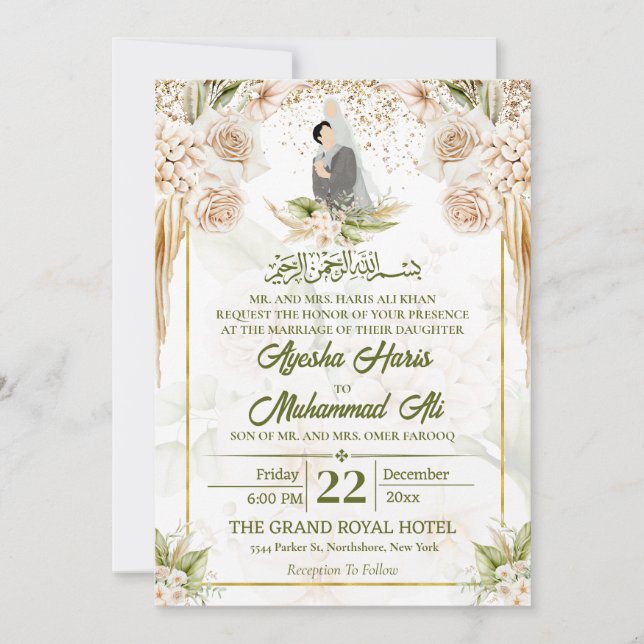 Invitación Pareja de Bodas islámicos/musulmanes florales verd (Anverso)