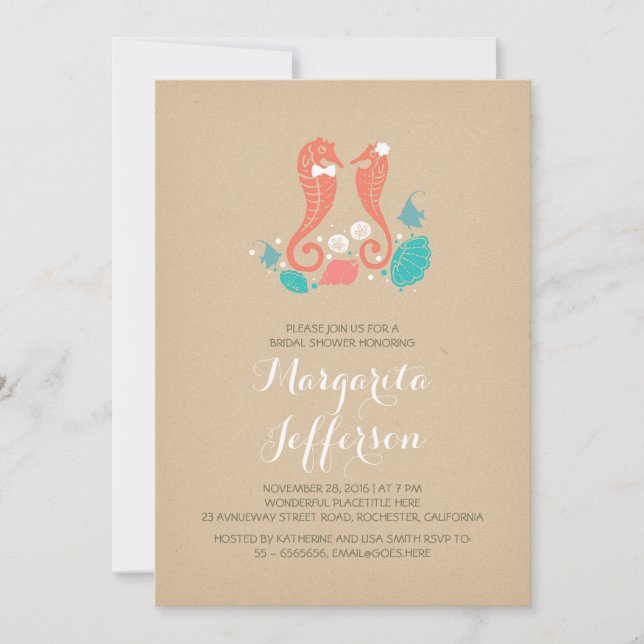 Invitación pareja de caballitos de mar de coral linda ducha d (Anverso)