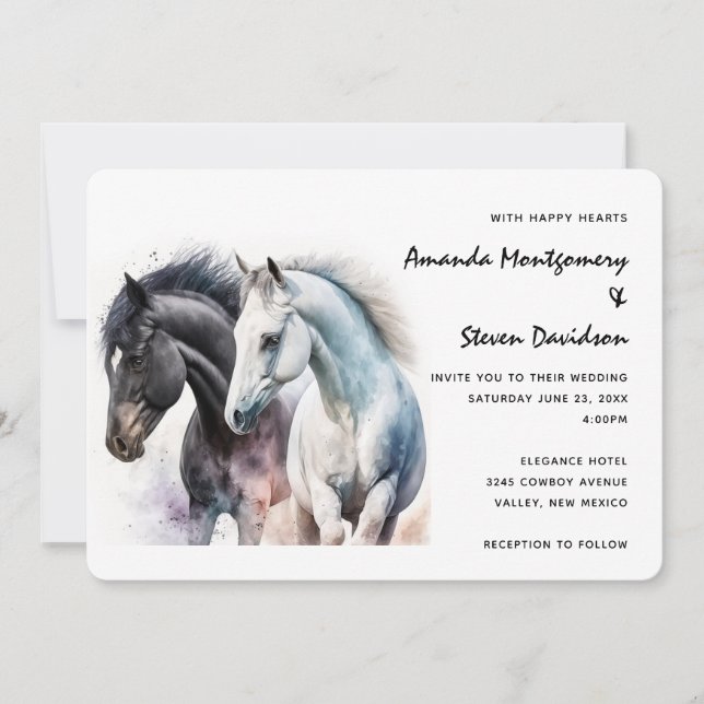 Invitación Pareja de caballos blancos y negros en acuarela (Anverso)