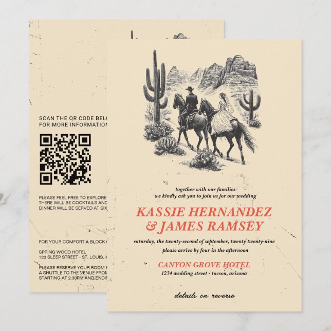 Invitación Pareja de cañón de caballo con código QR y detalle (Anverso / Reverso)