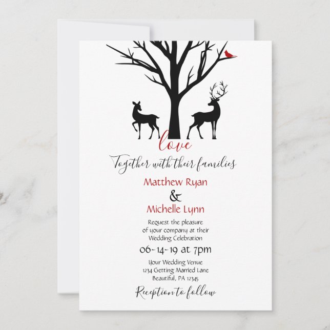Invitación Pareja de ciervos de silueta en una boda de invier (Anverso)