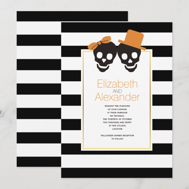 Invitación Pareja de cráneo y rayas naranja boda de Halloween (Anverso / Reverso)