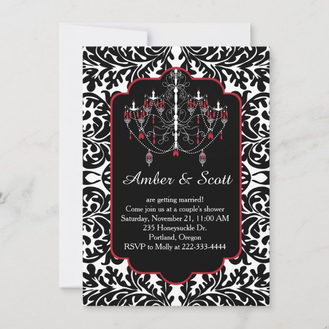 Invitación Pareja de damasco de hojas negras, lámpara de arañ (Anverso)
