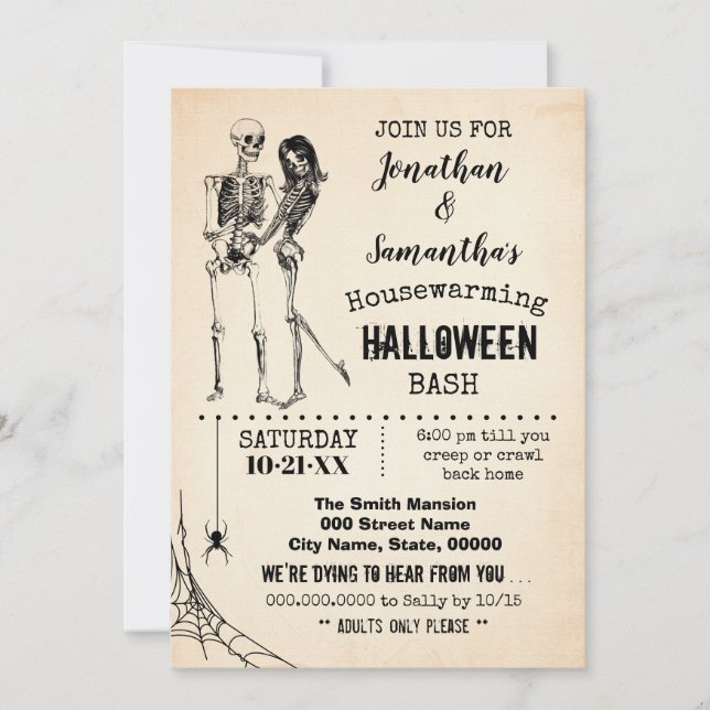 Invitación Pareja de esqueleto bash de la fiesta de Halloween (Anverso)