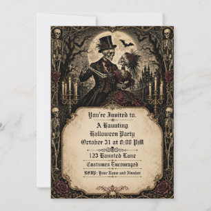 Invitación Pareja de esqueletos góticos fiesta de Halloween e