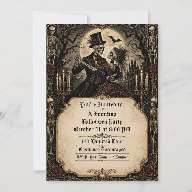 Invitación Pareja de esqueletos góticos fiesta de Halloween e (Anverso)
