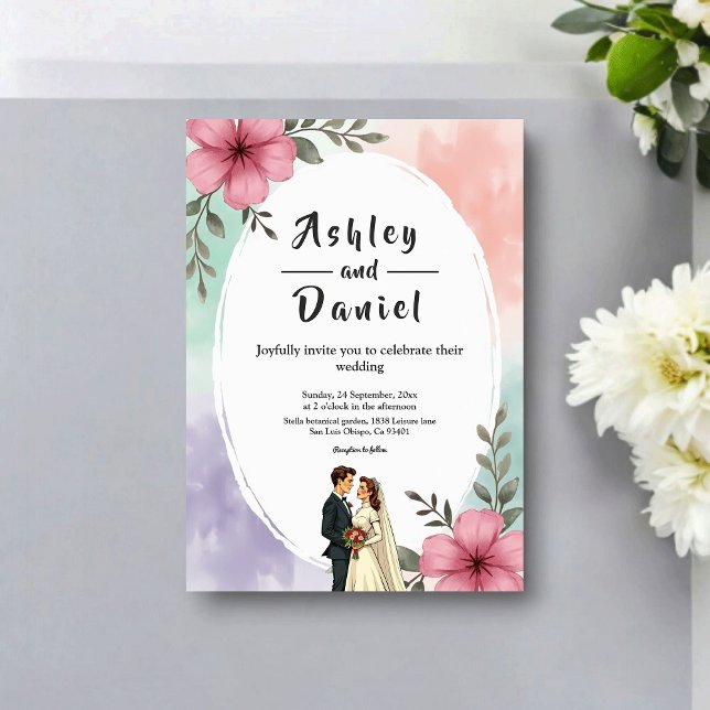 Invitación Pareja de flores rosadas acuarela boda boho de ver (Subido por el creador)