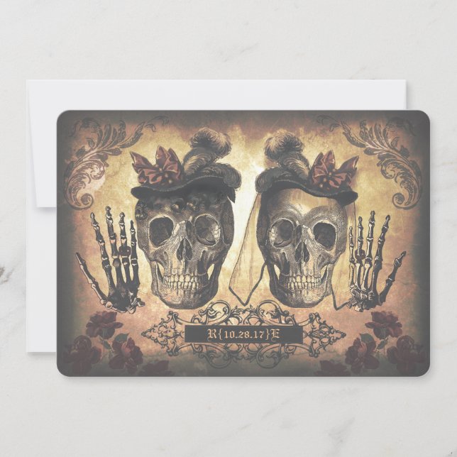 Invitación Pareja de lesbianas gays Skulls Boda gótica (Anverso)