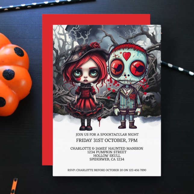 Invitación Pareja De Muñecas De Halloween En Woods (Halloween Scary Doll Couple In Woods Invitation from Ricaso. Cute but haunting toy dolls in forest.)