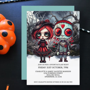 Invitación Pareja de muñecas espeluznantes de Halloween en el