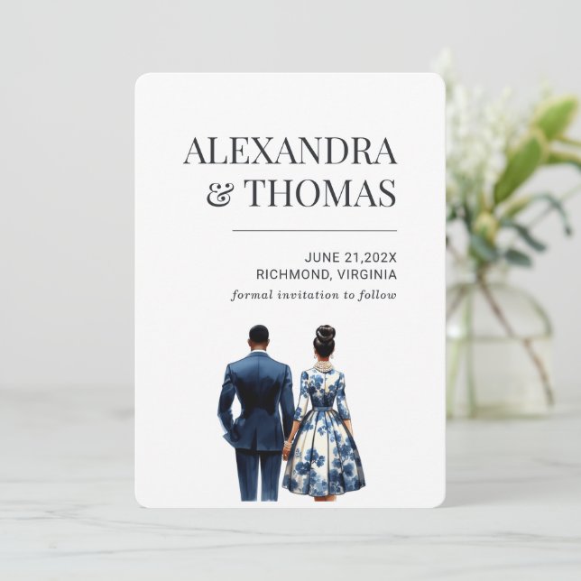 Invitación Pareja de novias azules afroamericana (Anverso de pie)
