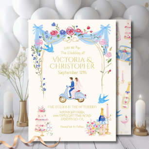 Invitación Pareja de novios caprichosos en scooter italiano