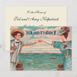 Invitación Pareja de novios en la playa victoriana con vestid
