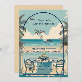 Invitación Pareja de playa azul con gaviotas