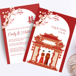 Invitación Pareja de recién casados chinos rojos templo flor