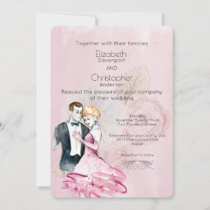 Invitación Pareja de recién casados con rosas rosadas Boda