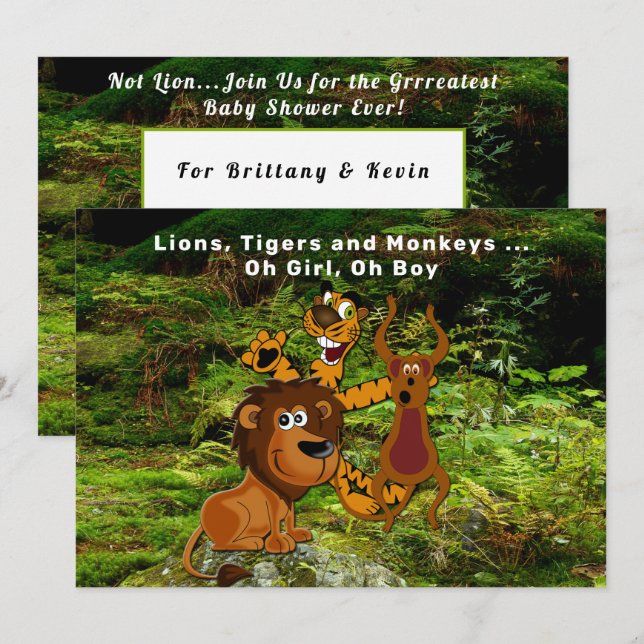 Invitación Pareja de selva Baby Shower, oso mono de tigre leó (Anverso / Reverso)